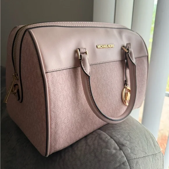 Michael Kors Medium Mercer Belted Brown & Soft Pink Logo  Michael Kors Brown and Pink Satchel with Gold Accents main image 1